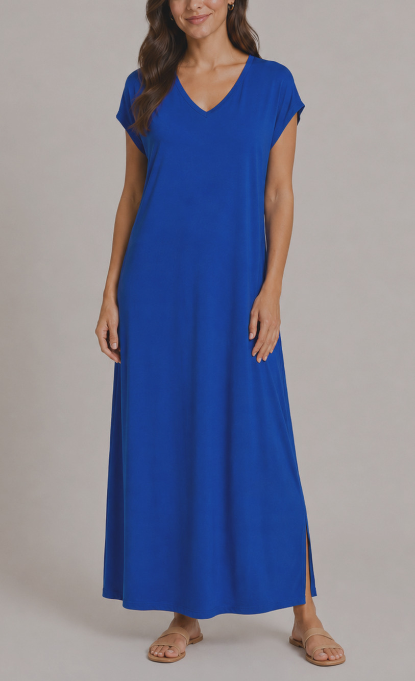 Lands End Blue V Neck Maxi Dress Women Rayon Spandex Cap Sleeve Side Slit Resort